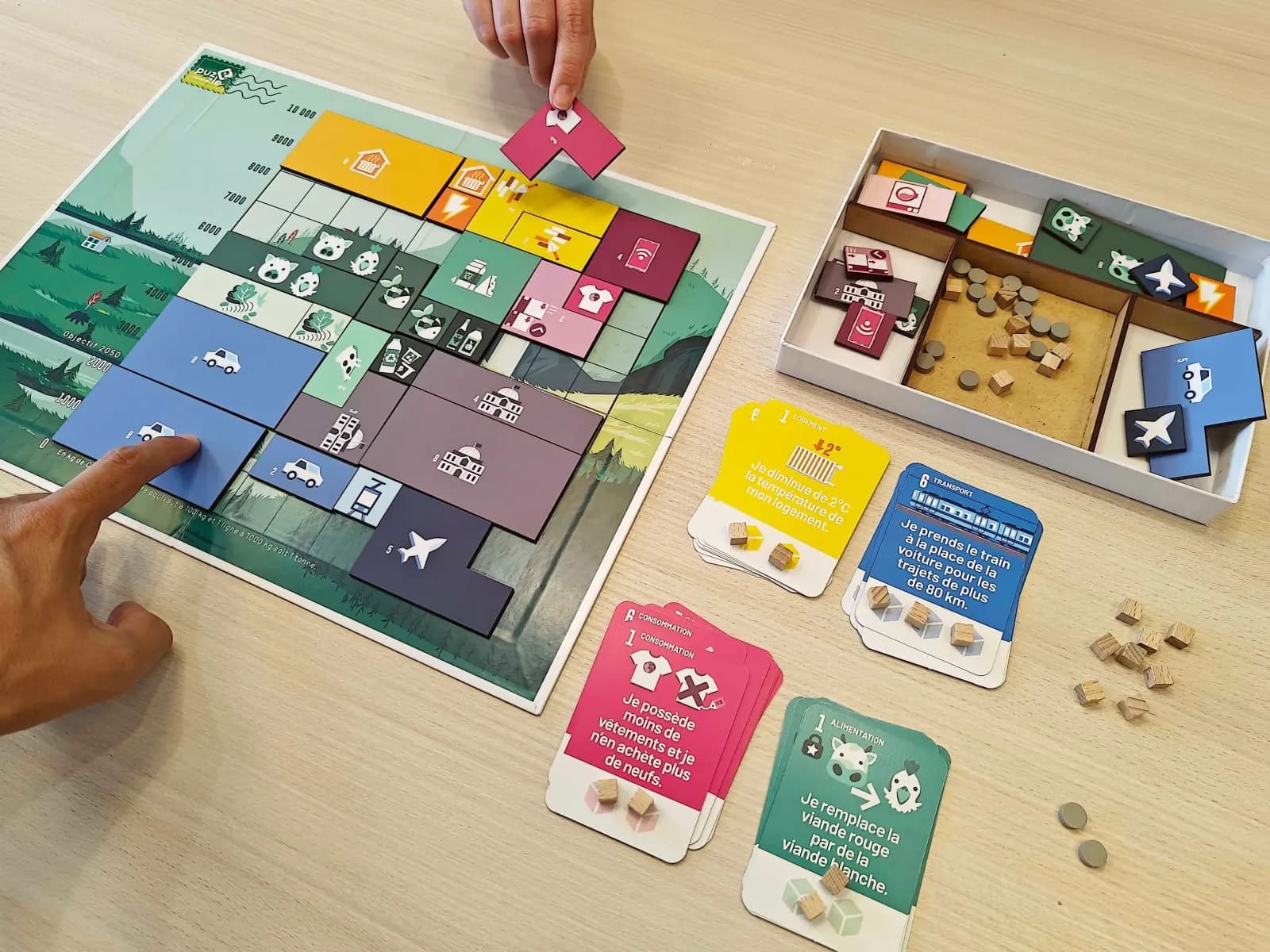 Board game pieces used in a climate team game
