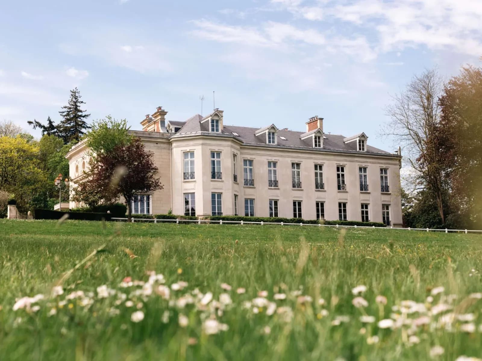 Exterior of the Novotel Domaine de Maffliers château set on a lawn of wildflowers and tall trees