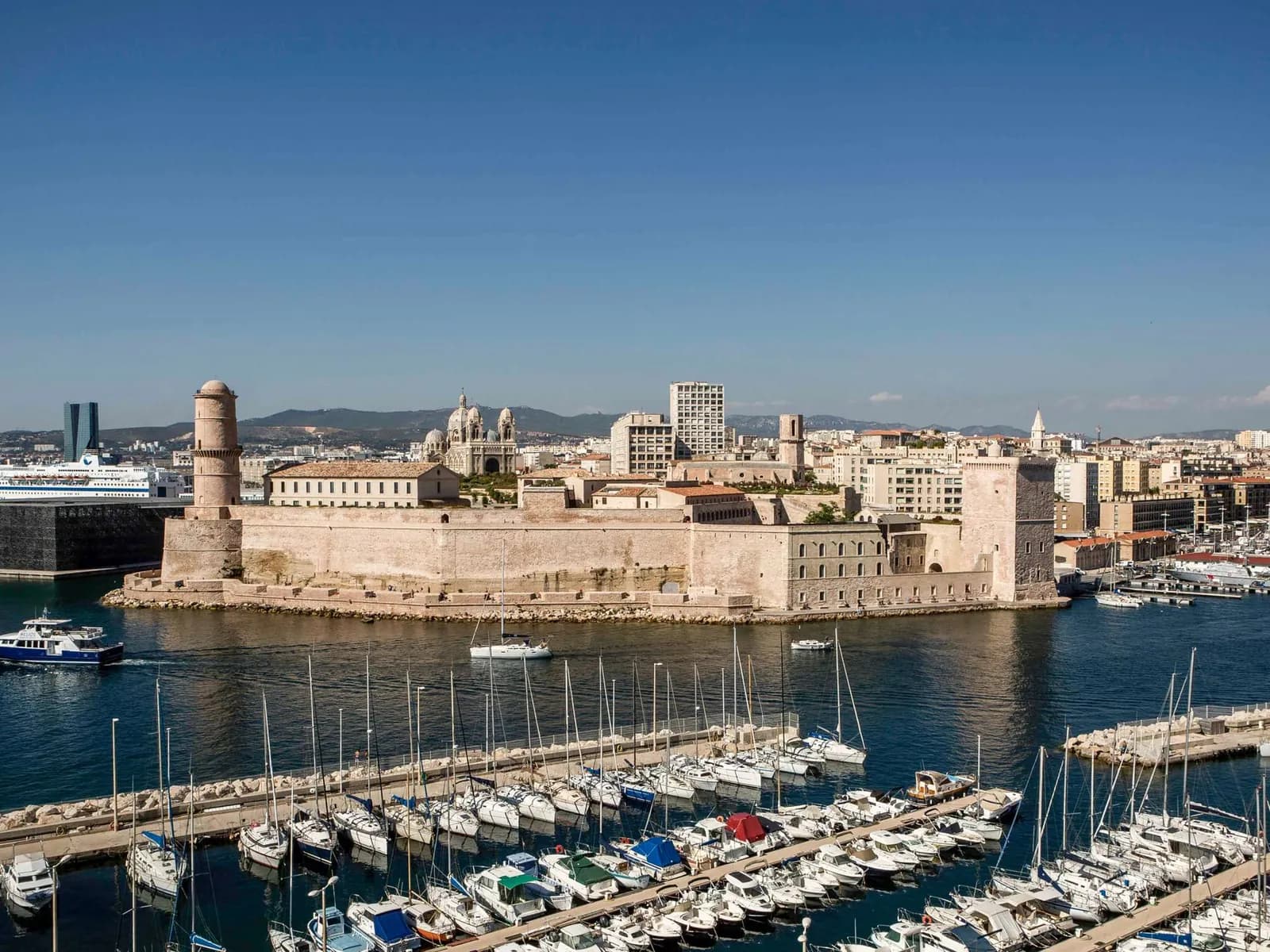Aerial view of the Vieux-Port and Fort Saint-Jean from Sofitel Marseille Vieux-Port, Marseille