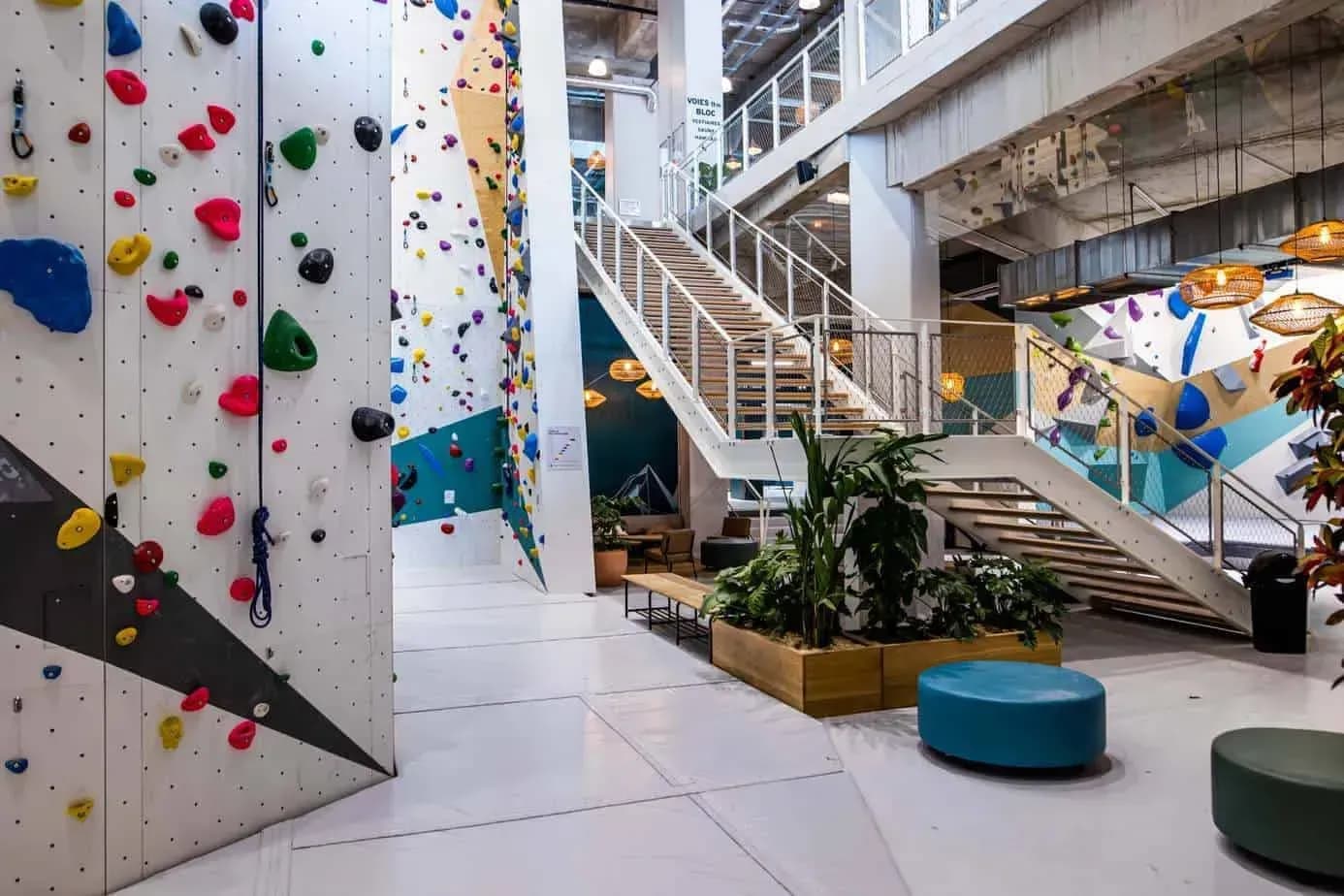 Industrial hall with coloured climbing walls