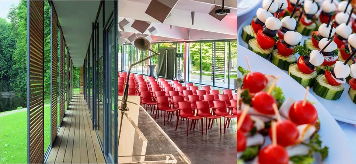 Business Village seminar spaces: a glazed corridor onto the park, a meeting room with red chairs and a canapé buffet