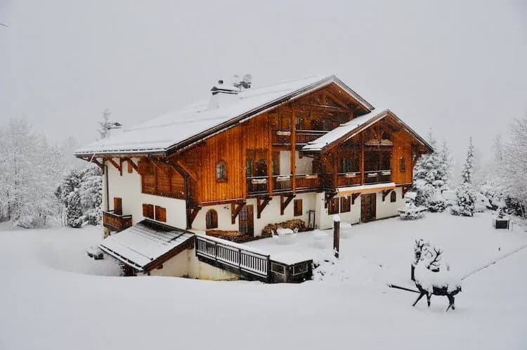 Exterior view of Chalet des Cimes, Mont-Blanc, a private estate for groups in its grounds, Haute-Savoie, south-east of Geneva
