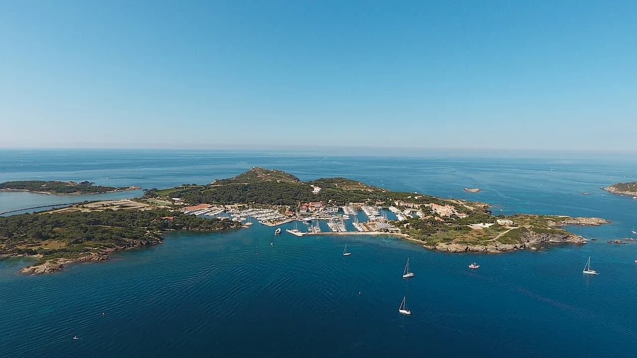 Aerial view of Île des Embiez and its marina, off Six-Fours-les-Plages in the Var