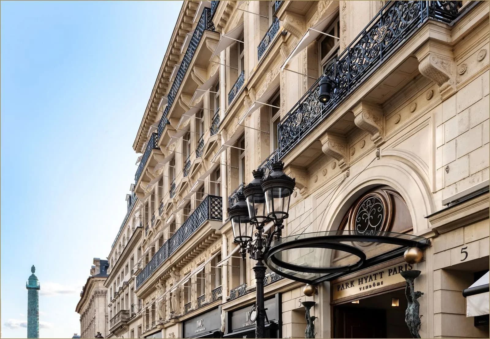 Facade of the Park Hyatt Paris-Vendome on Place Vendome, with wrought-iron balconies and the Park Hyatt Paris entrance