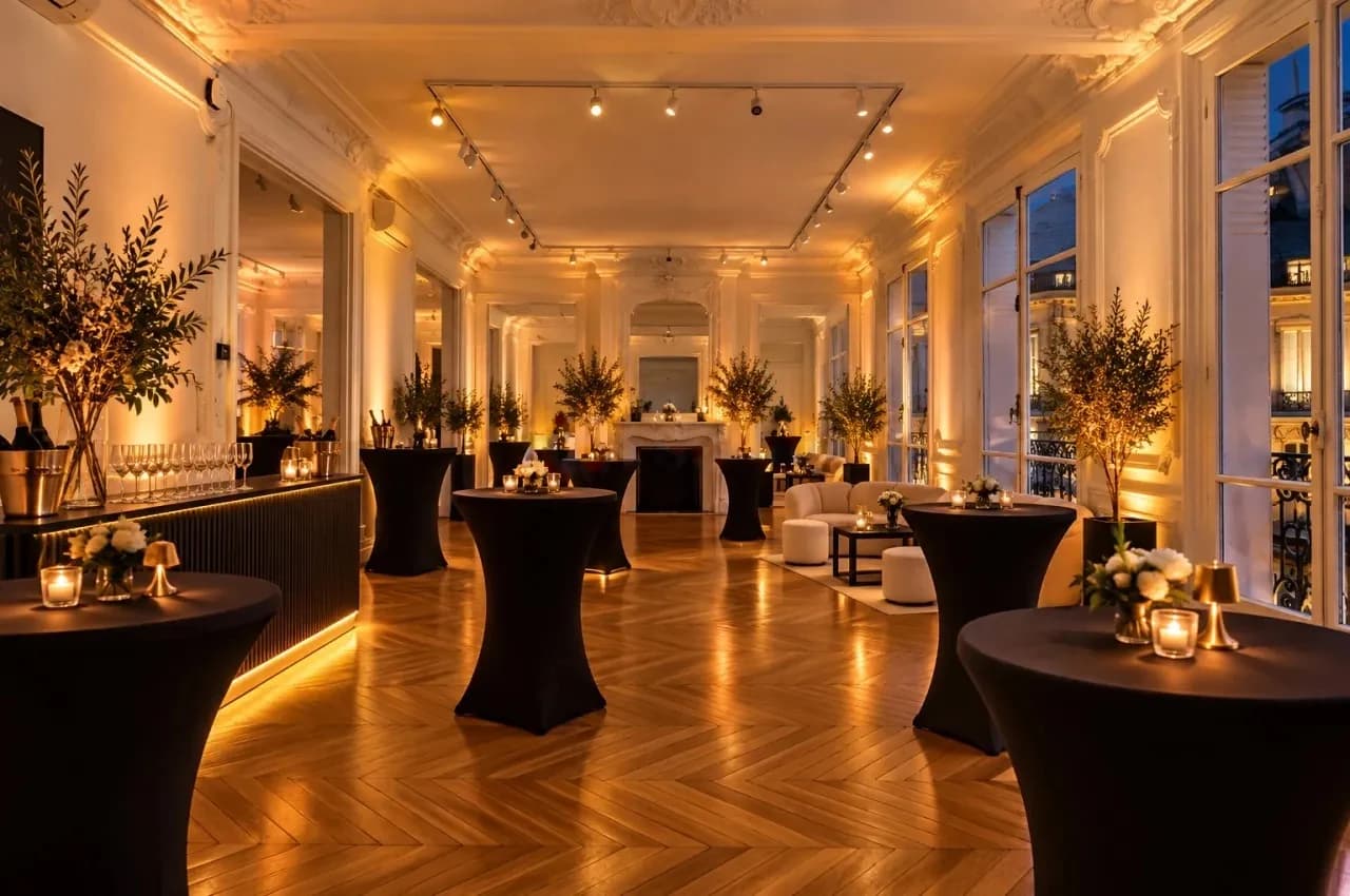 Reception room with cocktail tables and candlelit décor