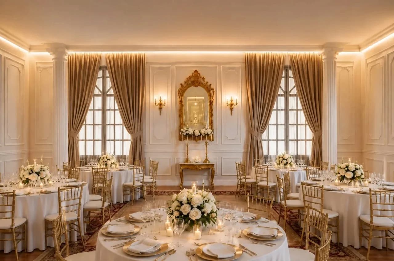 Grand salon set for a seated dinner with gilded chairs and chandeliers