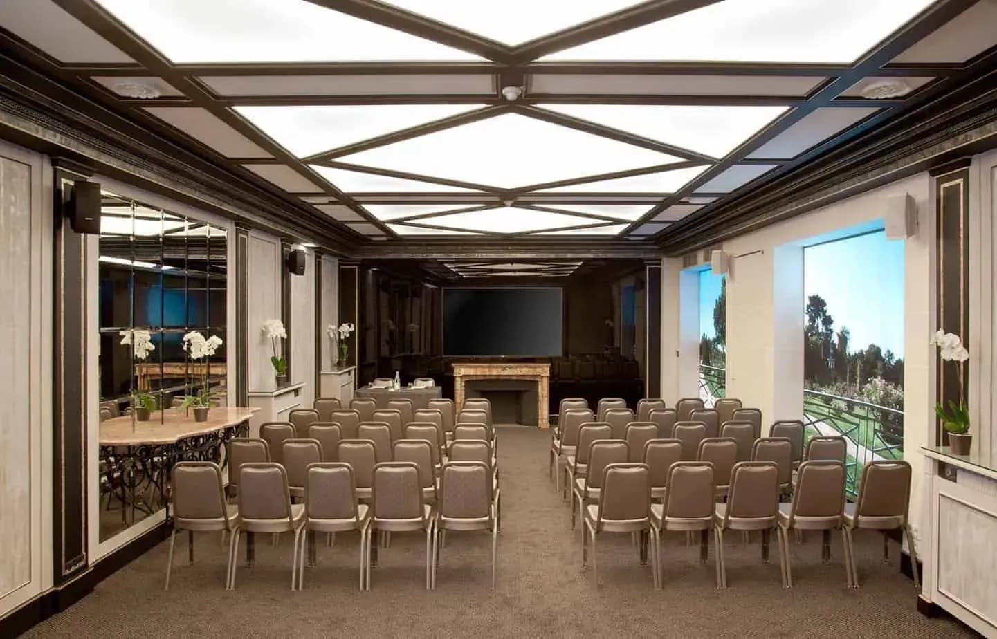 Neo-classical salon with a coffered glass ceiling, a screen and theatre-style seating