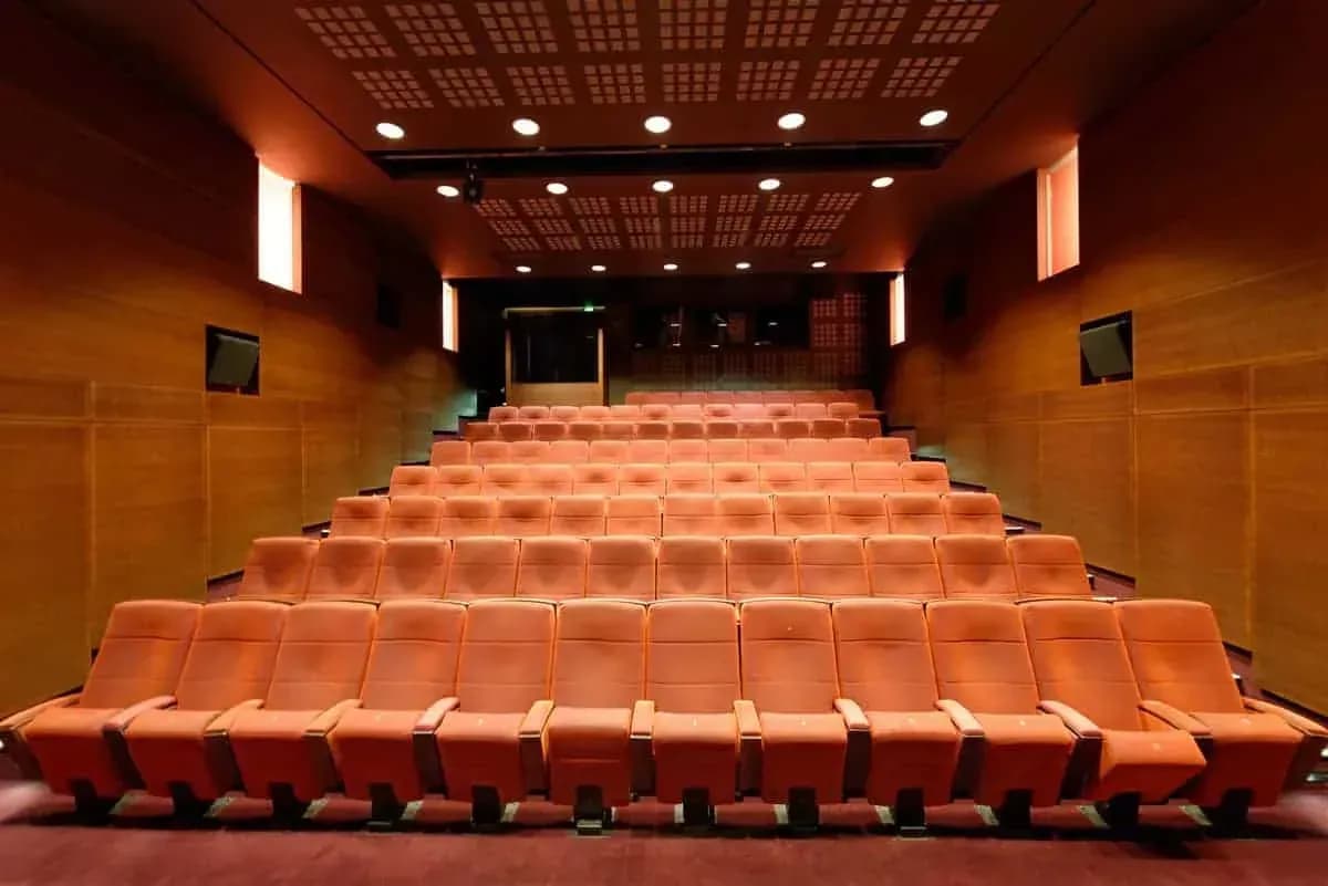 Auditorium with tiered rows of orange-red seats, wood-panelled walls and a perforated ceiling