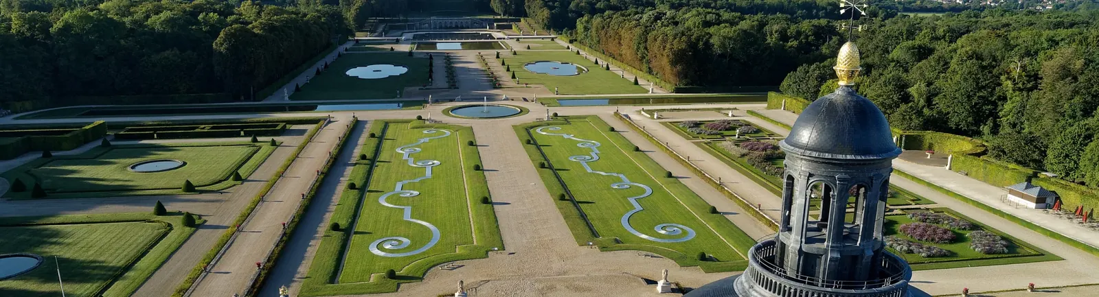 Aerial view of the French formal gardens and dome of Vaux-le-Vicomte, Seine-et-Marne