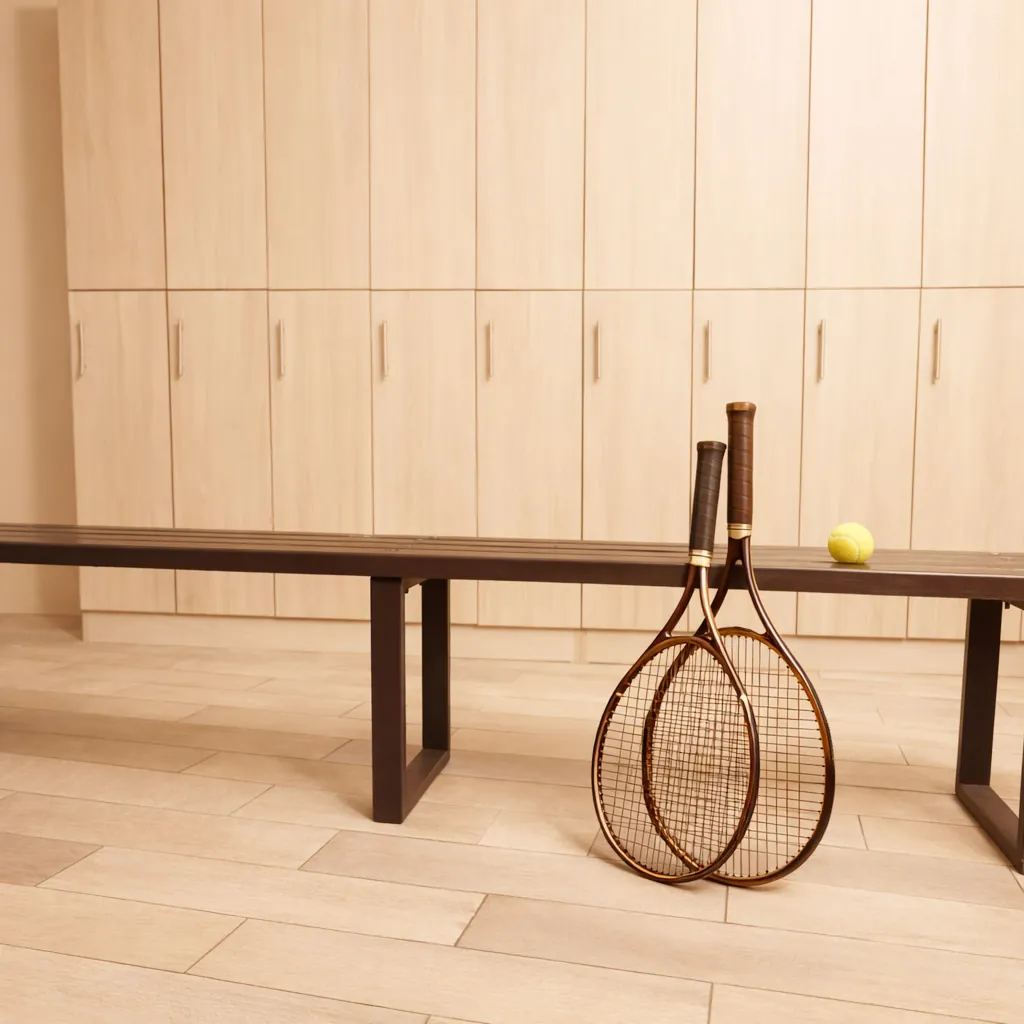 Changing room with wooden lockers, bench and tennis rackets at the sports area of Domaine de Verchant