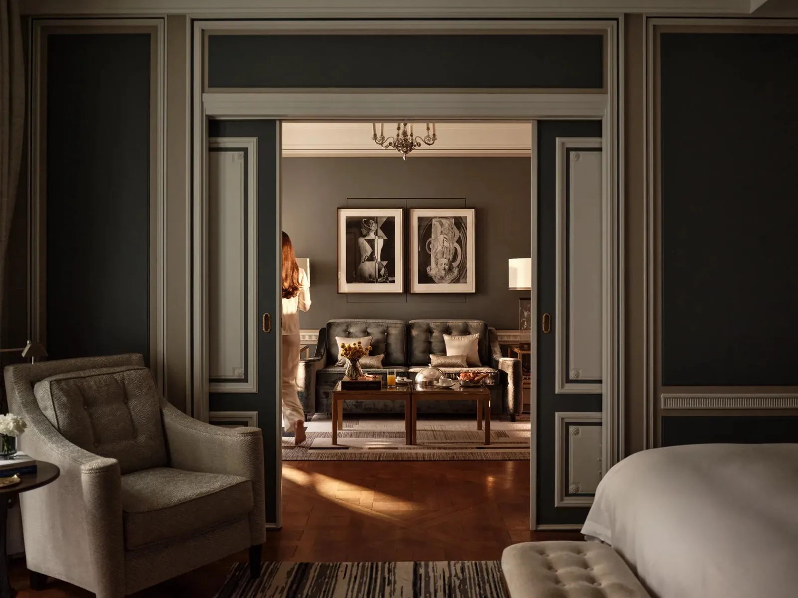 Grand Premier Suite at Hôtel de Crillon, Paris, with panelled living room and classic armchairs