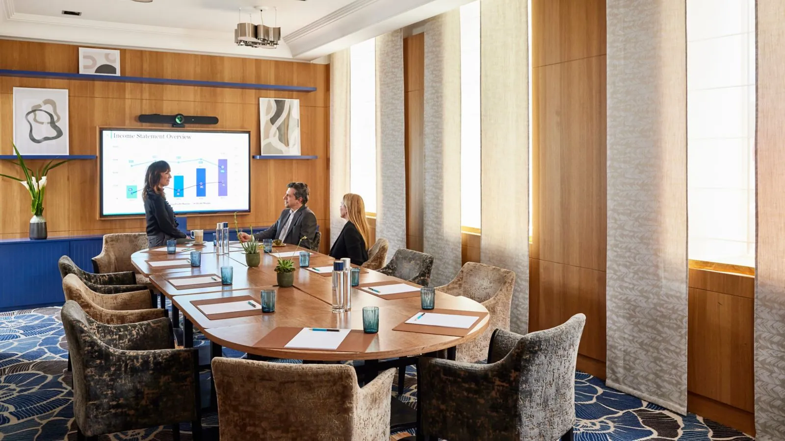Boardroom with oval table, wall screen and presentation at Sofitel Paris Le Faubourg, Paris 8e