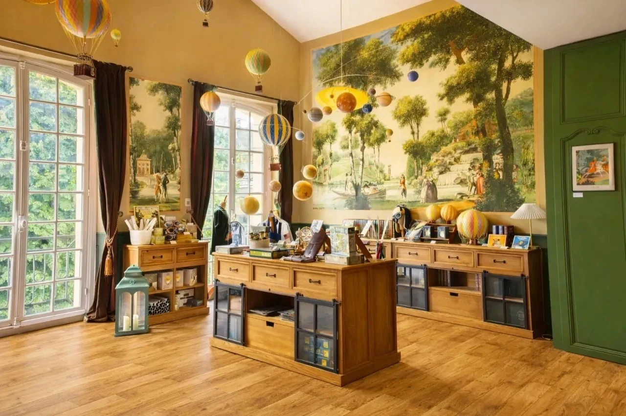 Room with painted landscape murals and a central counter