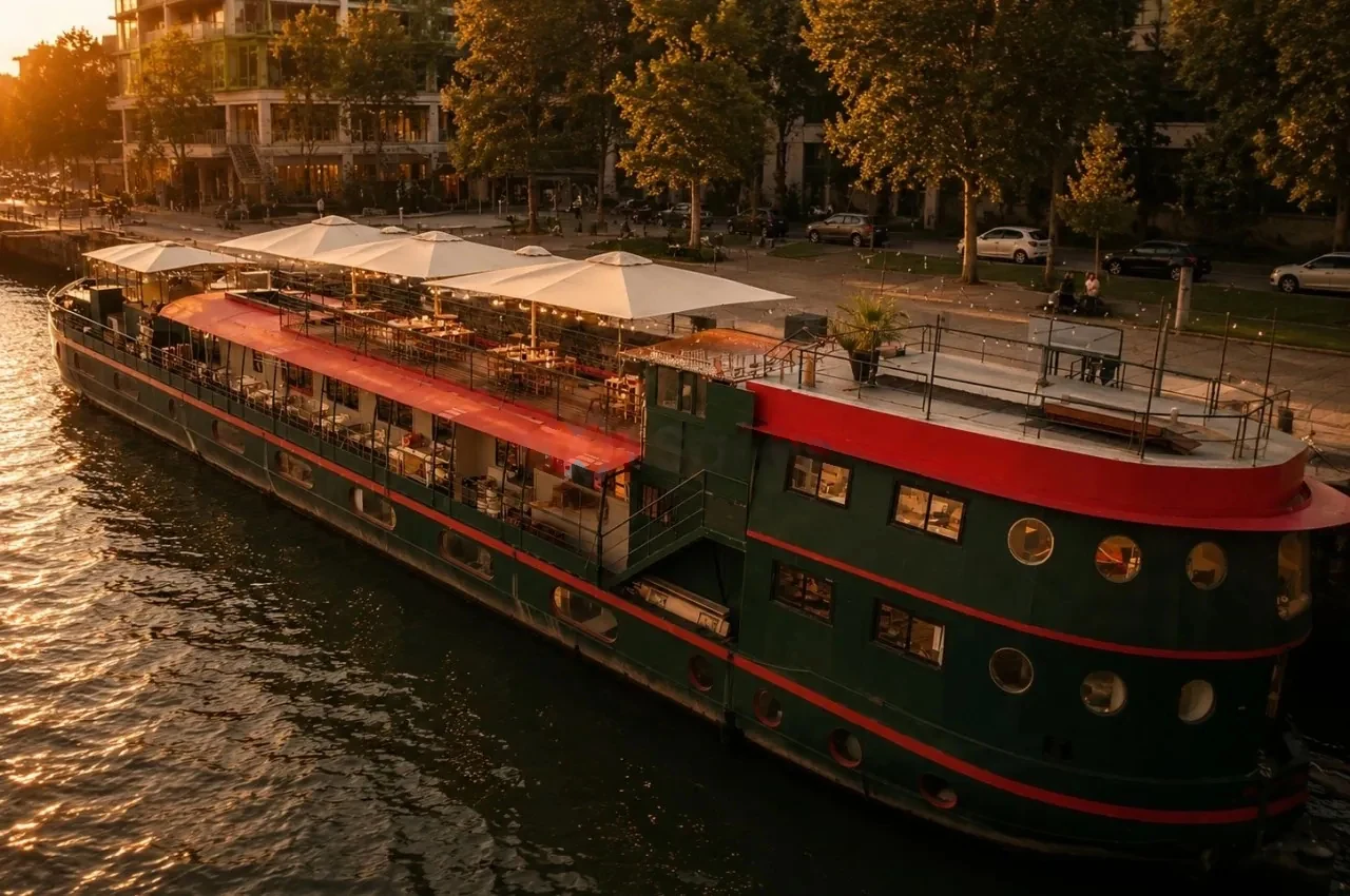 Green riverboat with a covered upper deck and white umbrellas