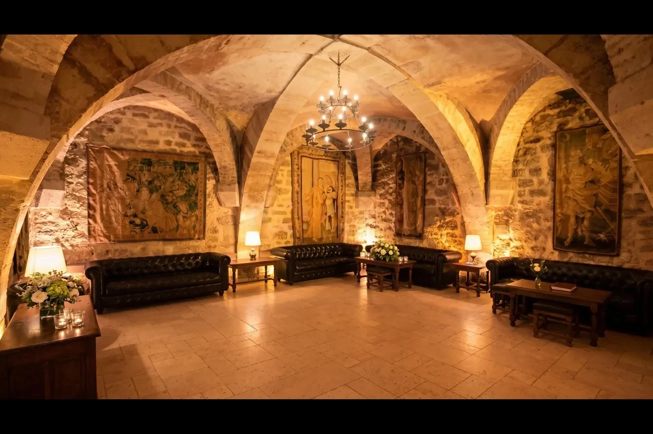 Vaulted room with tapestries and dark leather sofas