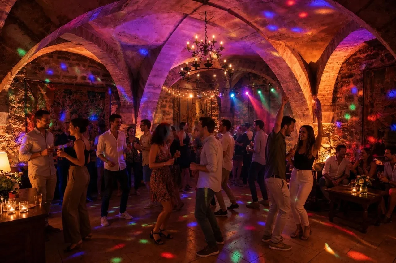 Vaulted cellar with a dance floor and coloured lights
