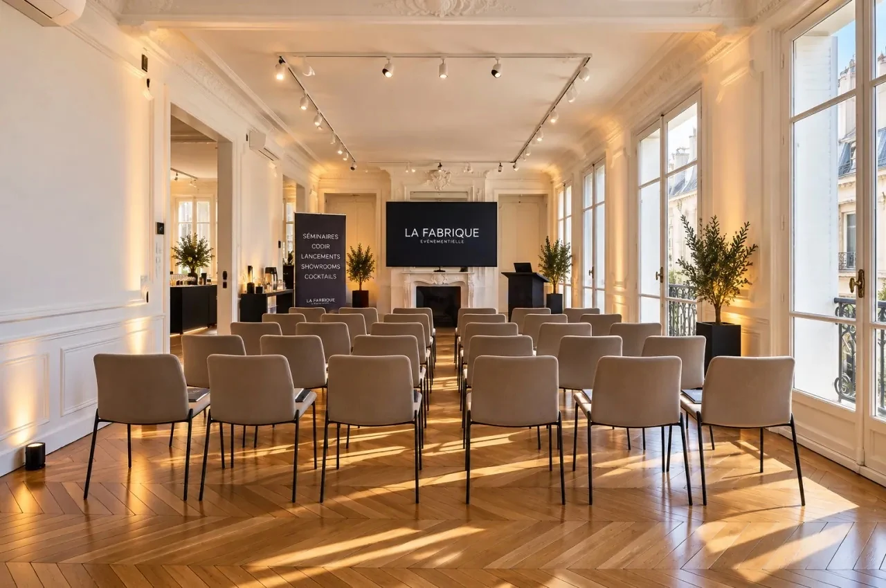 Room set for a talk, with chairs and a lectern