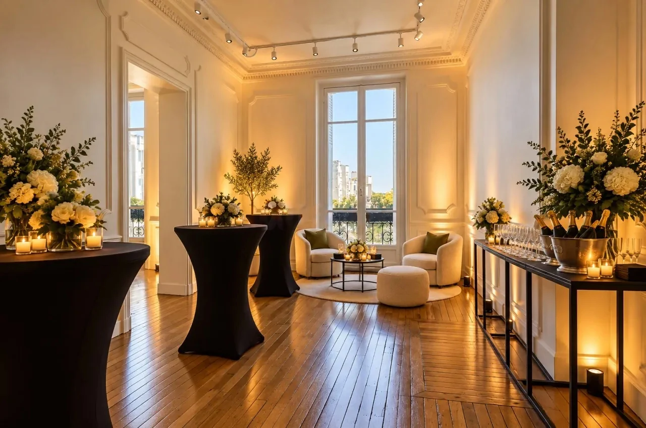 Salon with cocktail tables, floral arrangements and sofas
