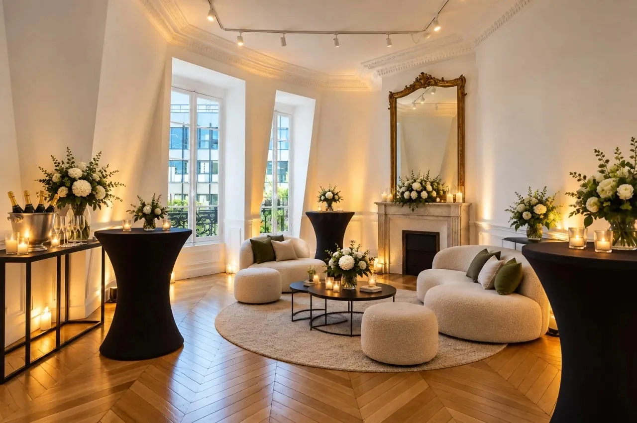 Reception salon with a fireplace, mirror and cocktail tables