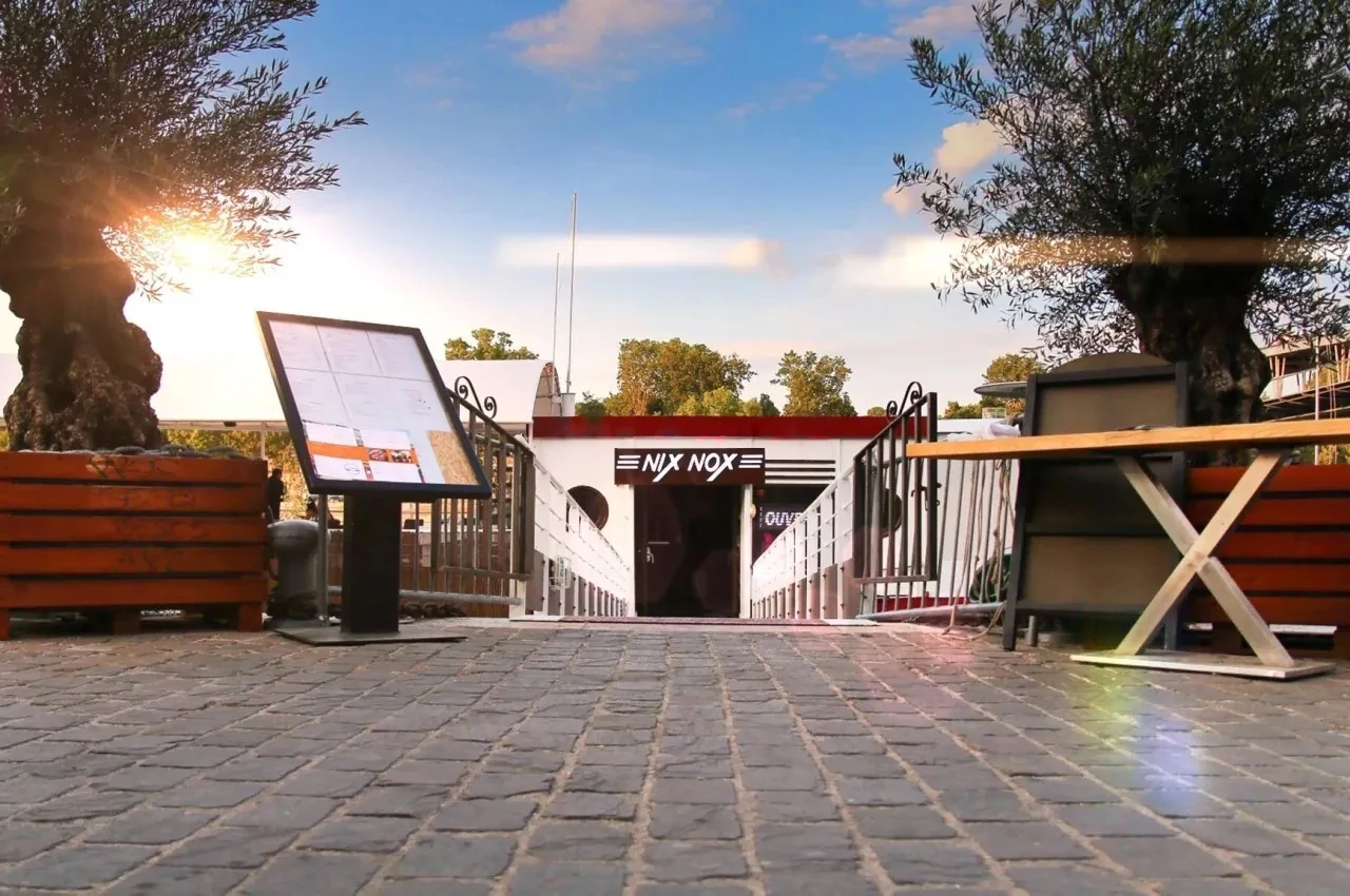 Gangway to a moored boat with olive trees and an illuminated sign at the entrance.