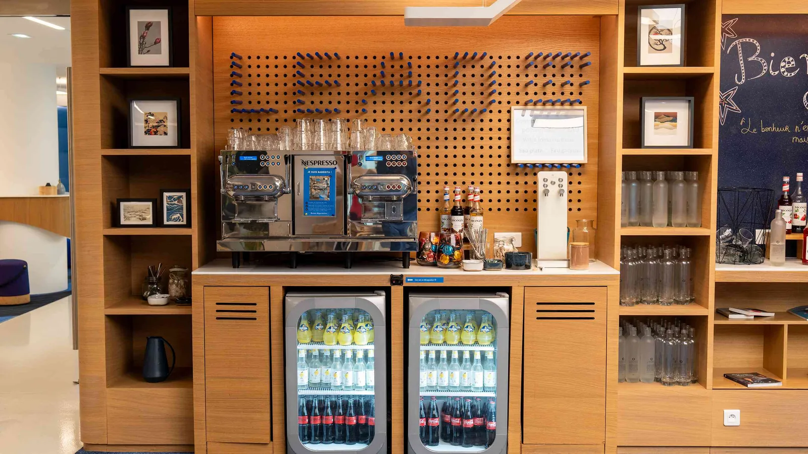 Contemporary Pavilion pantry with a coffee machine, wooden shelves and chilled drinks